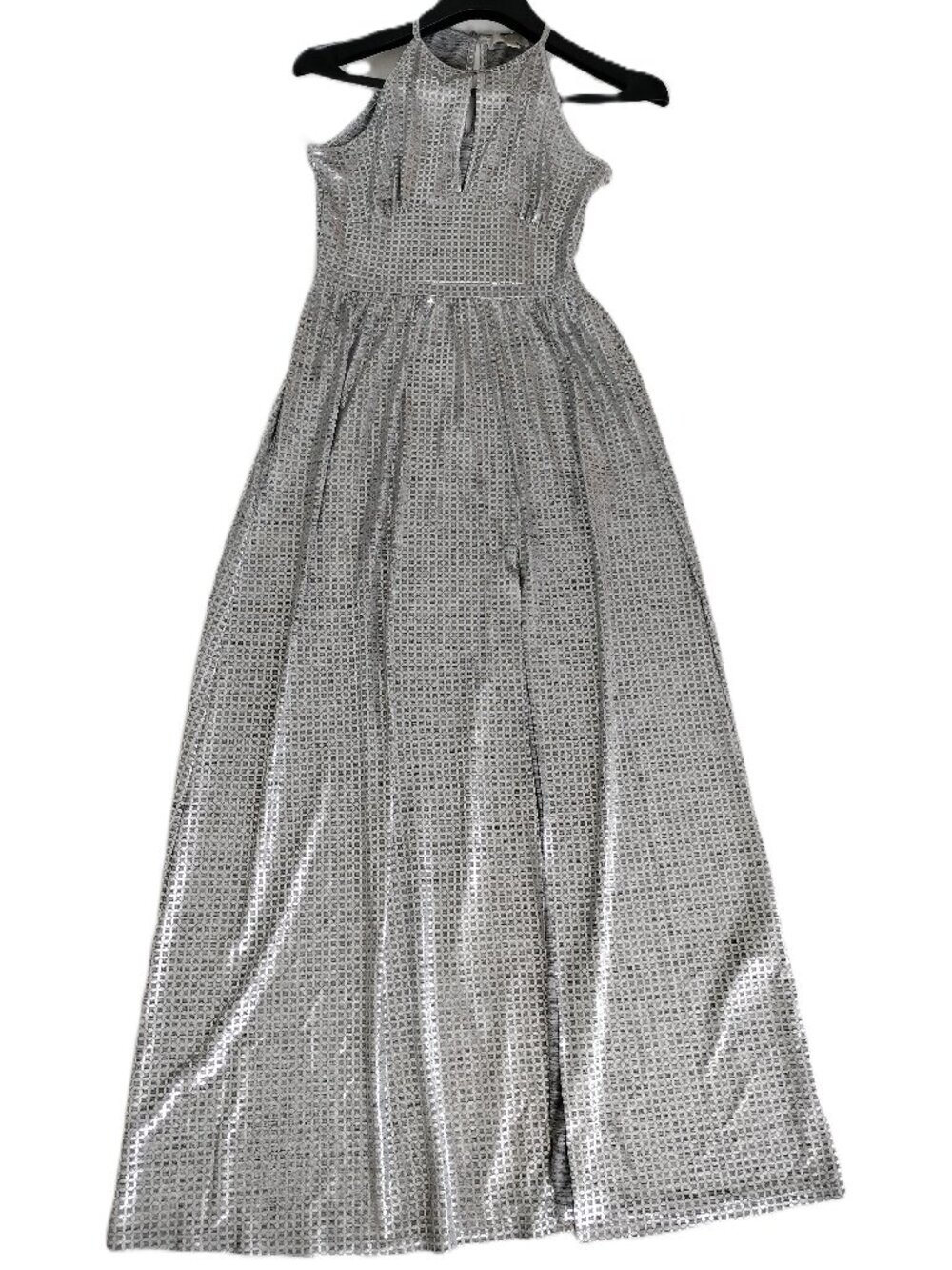 Michael Kors Silver Metallic Halter Maxi Dress Keyhole Thigh Slit S